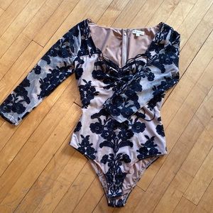 For Love and Lemons Sexy Black and Sheer Quarter Sleeve Lace Bodysuit